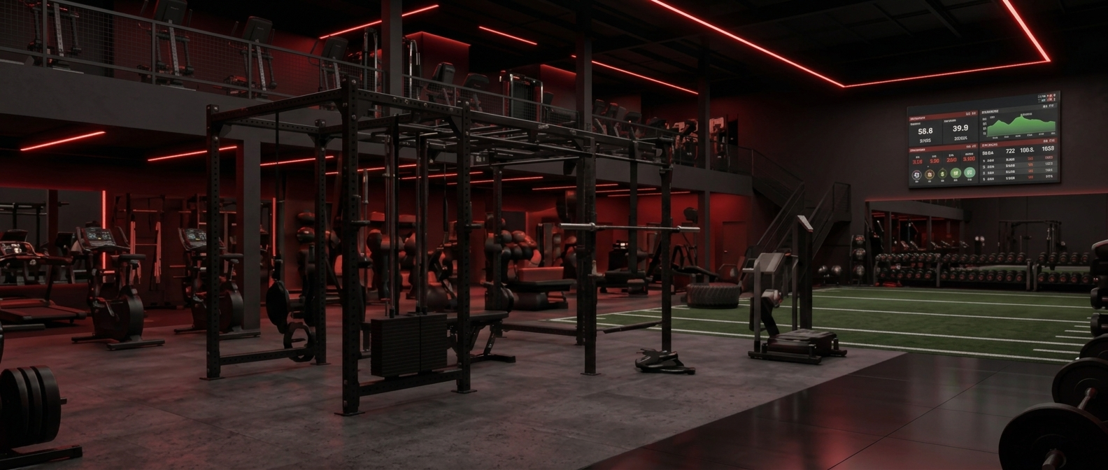 Interior da academia do Pampa Team, com iluminação em neon vermelho