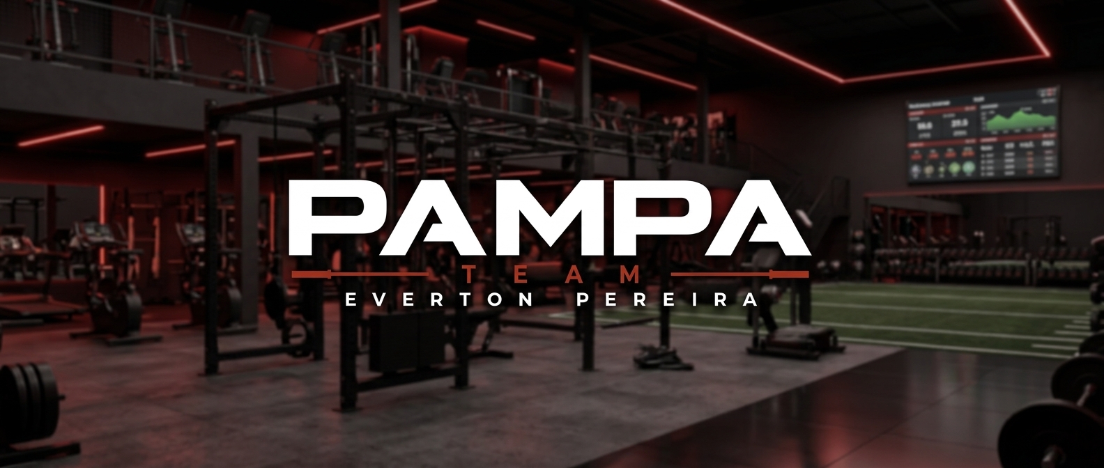 Salão de treino do Pampa Team, com a marca aplicada na parede