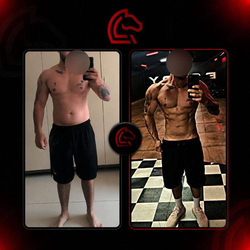 Comparativo antes e depois de aluno do Pampa Team, com o rosto preservado